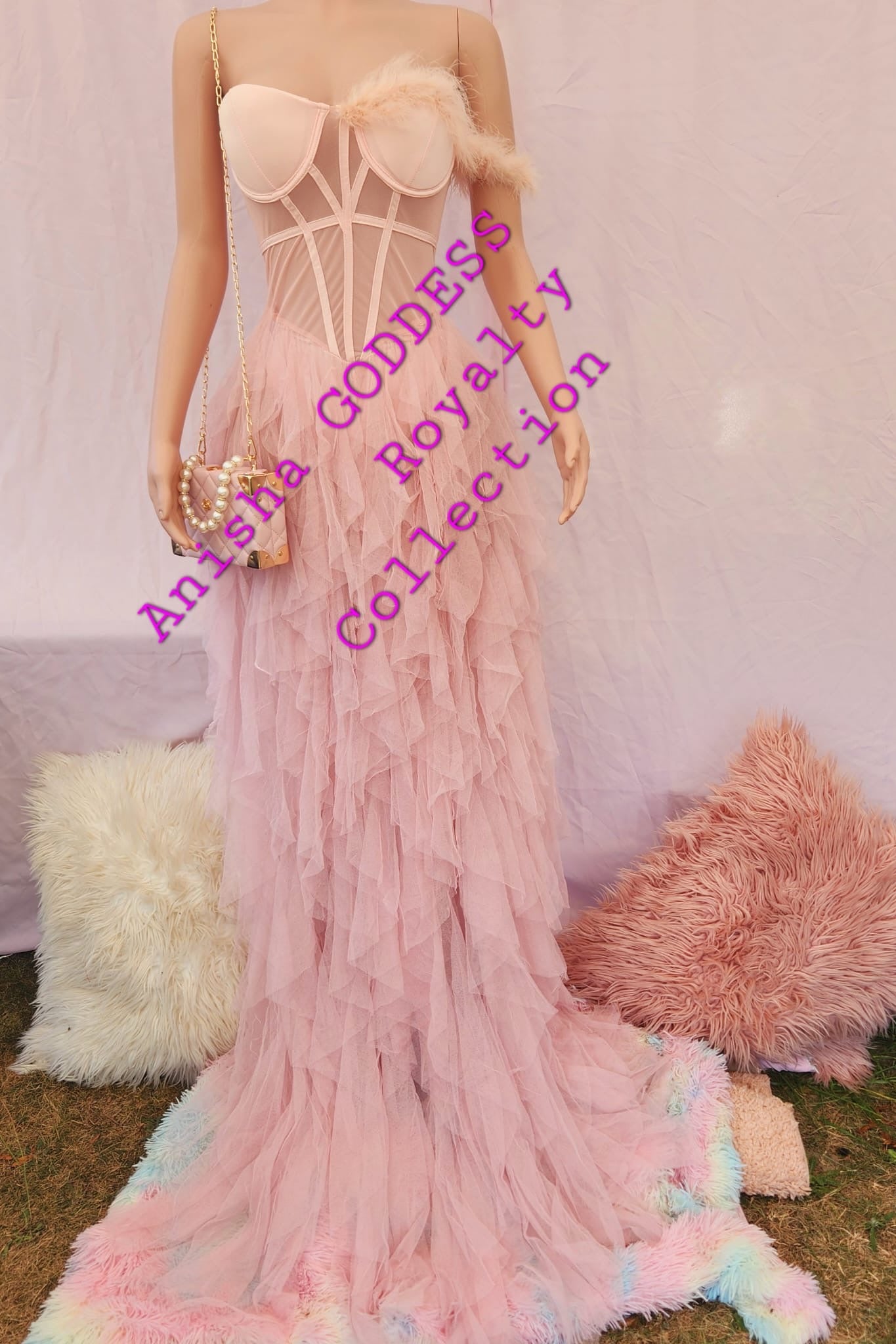 Off Shoulder Feather pink maxi Dress