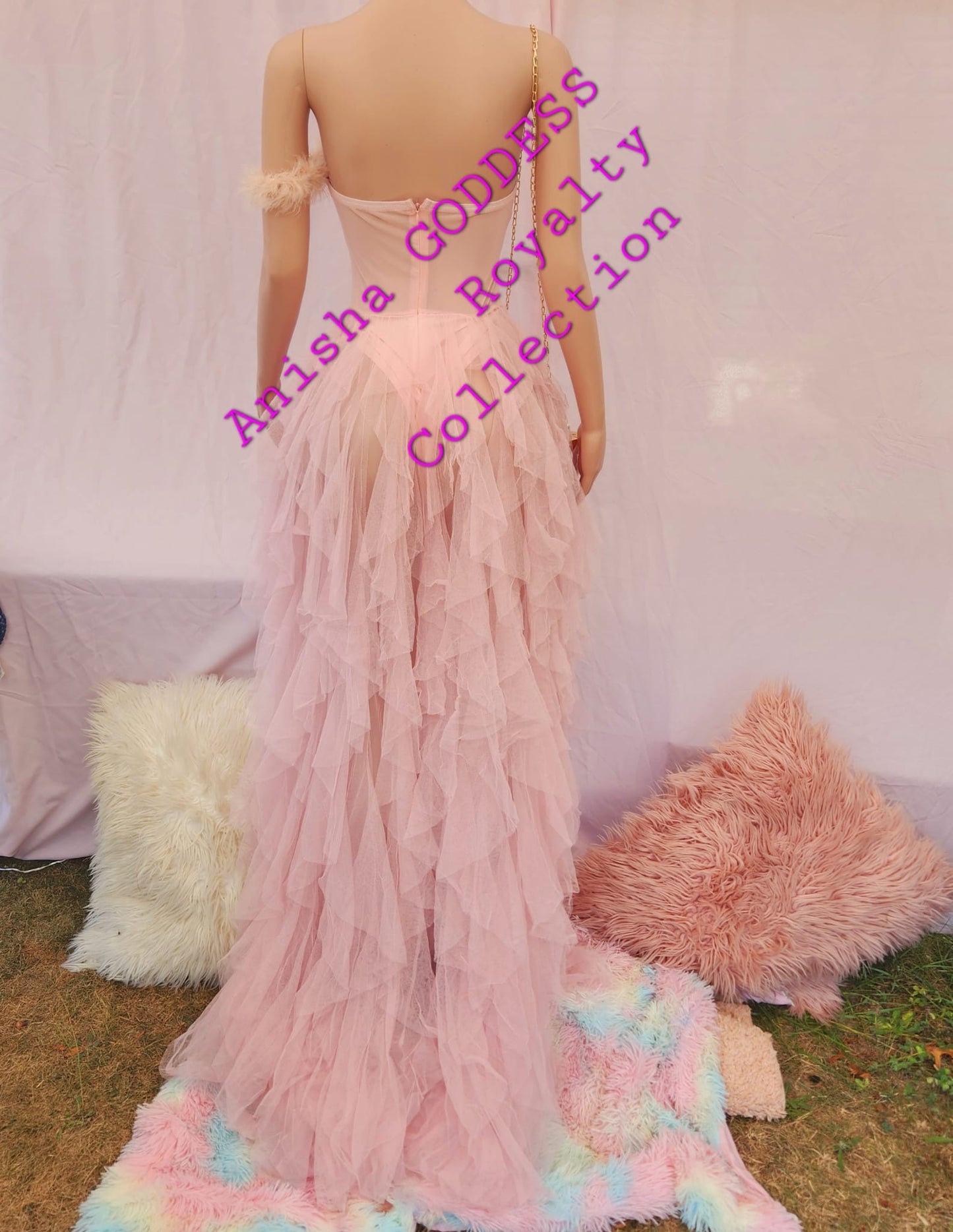 Off Shoulder Feather pink maxi Dress