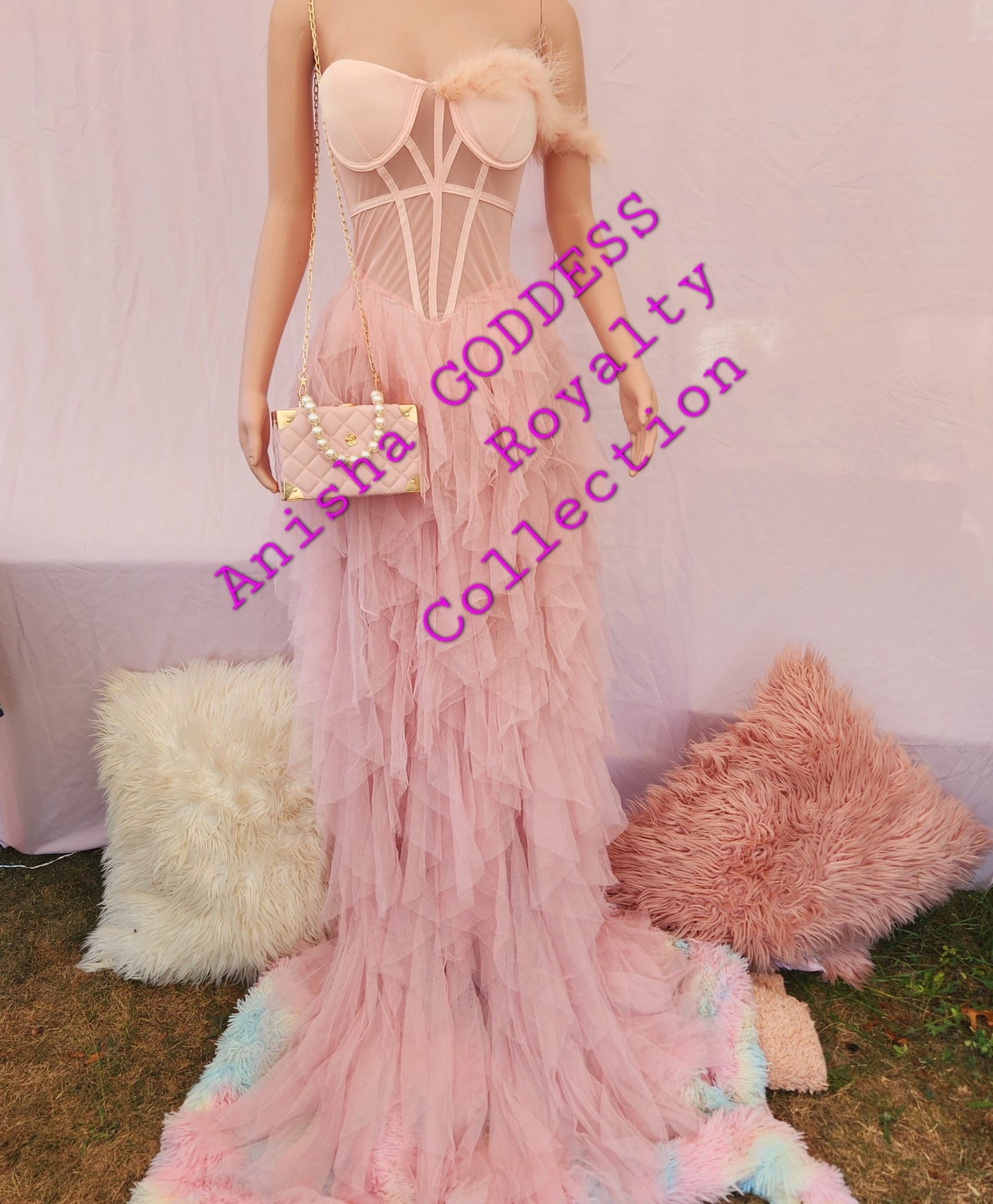 Off Shoulder Feather pink maxi Dress